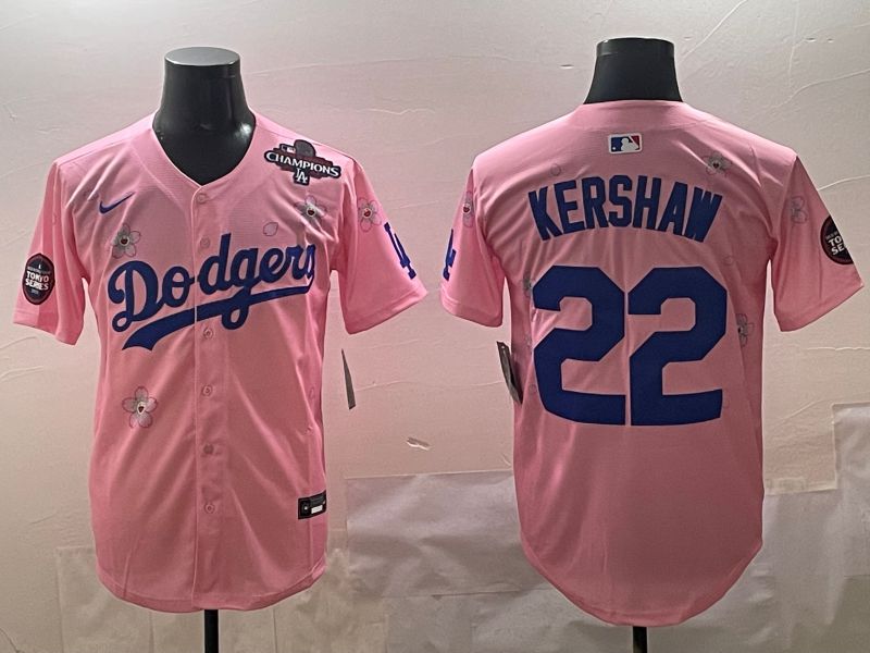 Men Los Angeles Dodgers #22 Kershaw Pink Sakura Edition 2025 Nike MLB Jersey style 6->youth mlb jersey->Youth Jersey